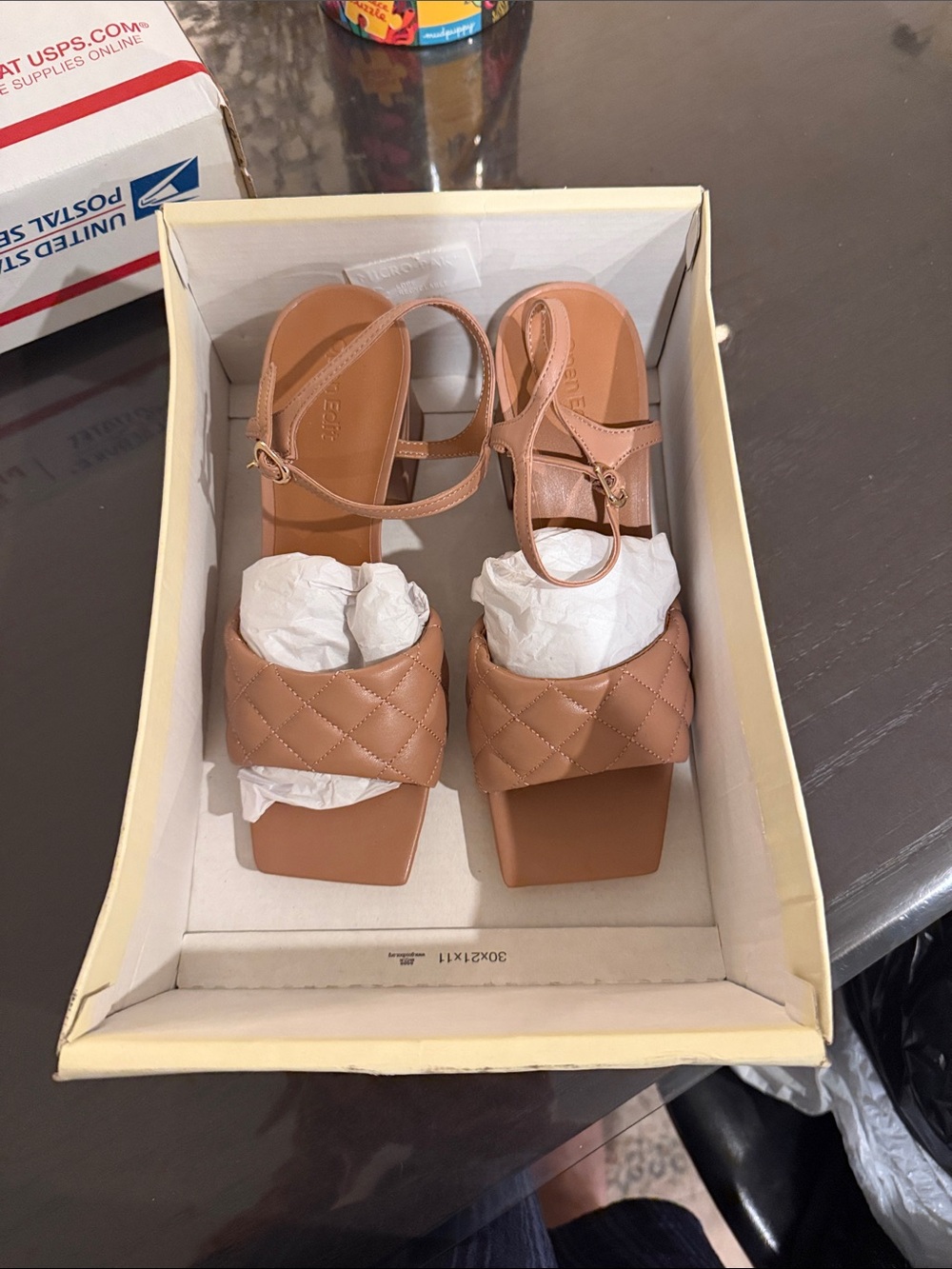 Quilted Strap Square-Toe Women's Sandals in Tan